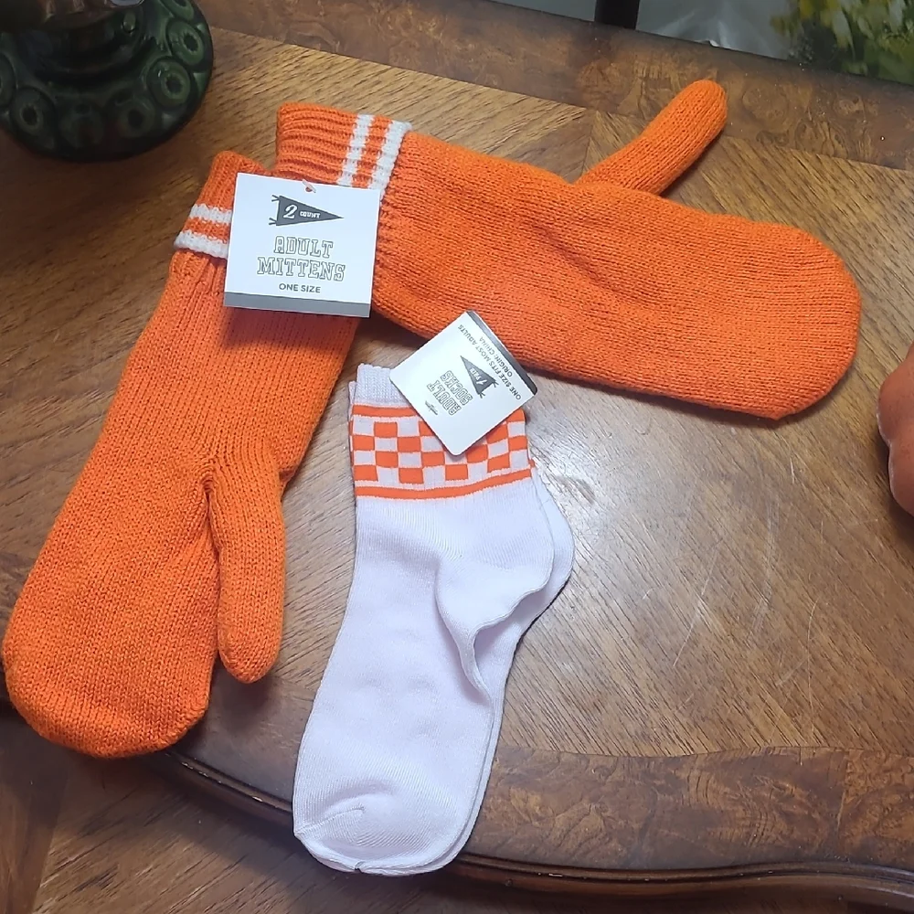 New with tags! Orange and White Warm Mittens with Matching Socks Set